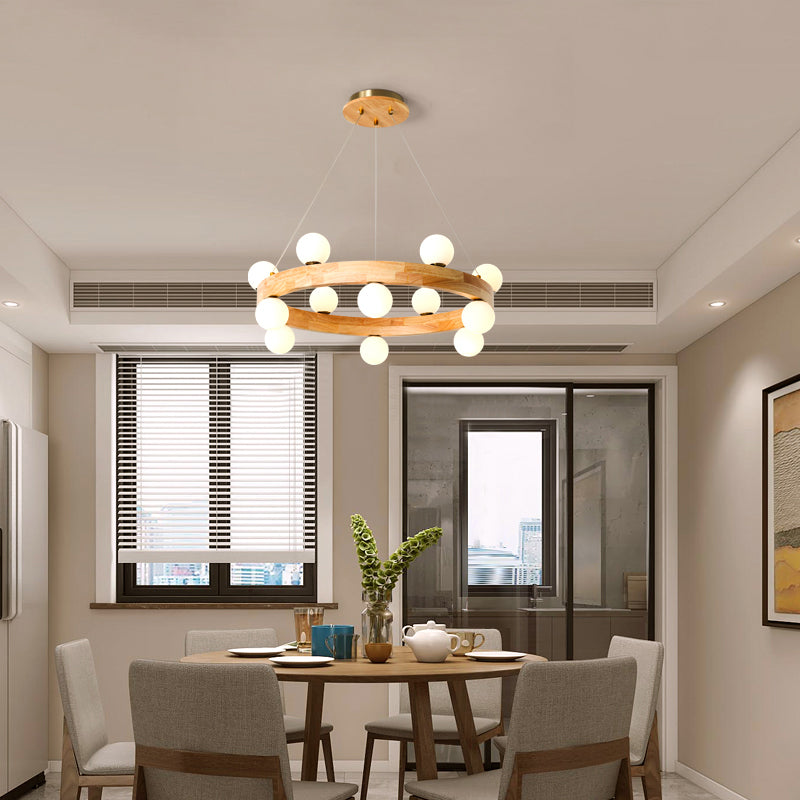 Minimalistic Wooden Led Chandelier With Opal Glass Shade
