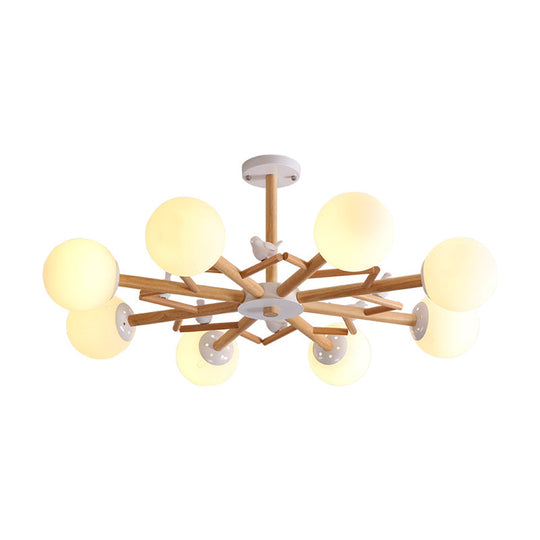 Wooden Nordic Ball Chandelier: Cream Glass Living Room Hanging Light With Bird Decor