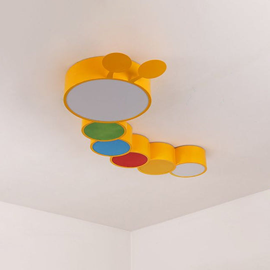 Yellow Metallic Cartoon Caterpillar Led Flush Mount Ceiling Light For Kindergarten’ Or