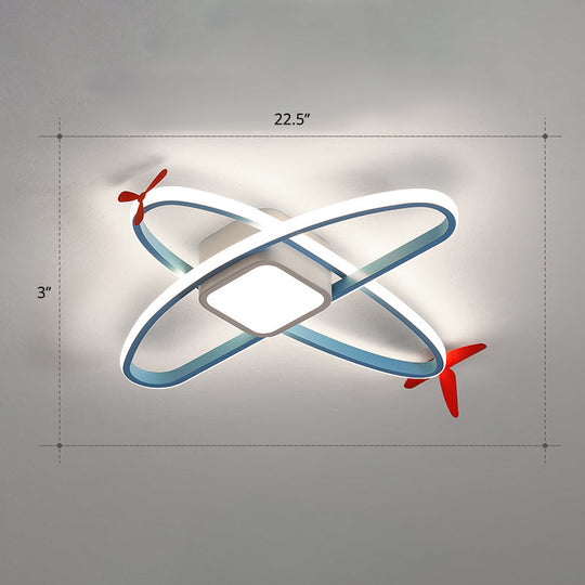 Cartoon Jet Plane Led Flush - Mount Light Fixture For Child Bedroom Ceiling - Blue / White Hollow