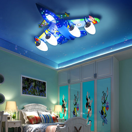 Blue Wooden Cartoon Jet Ceiling Lamp For Children’s Bedroom