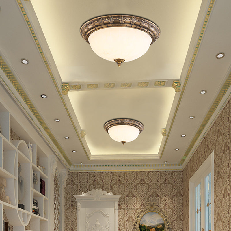 Bronze Antique Domed Flush Light With Milky Glass Ceiling Mount For Bedroom