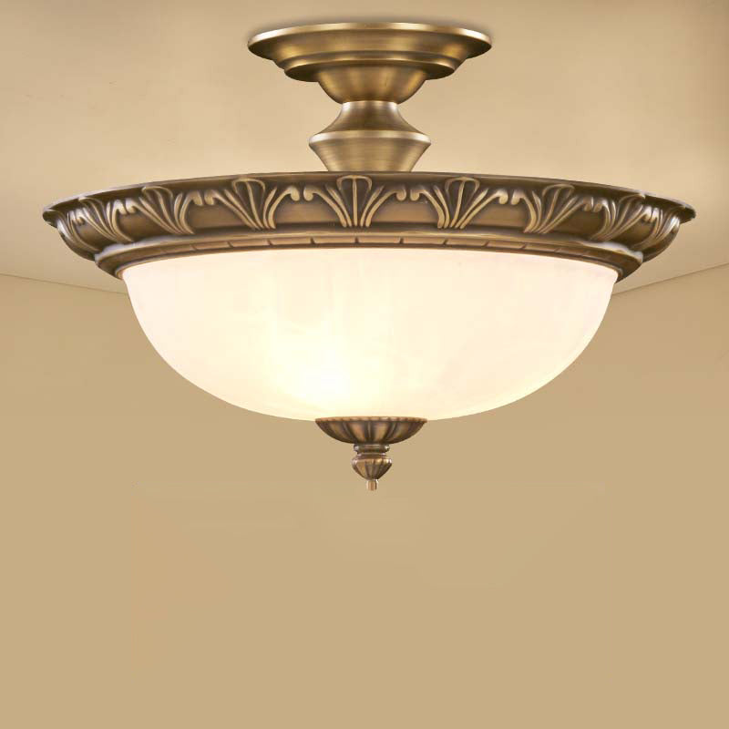 Traditional Bronze Bowl - Shaped Ceiling Lamp With Opal Glass - Elegant Semi - Mount Lighting For