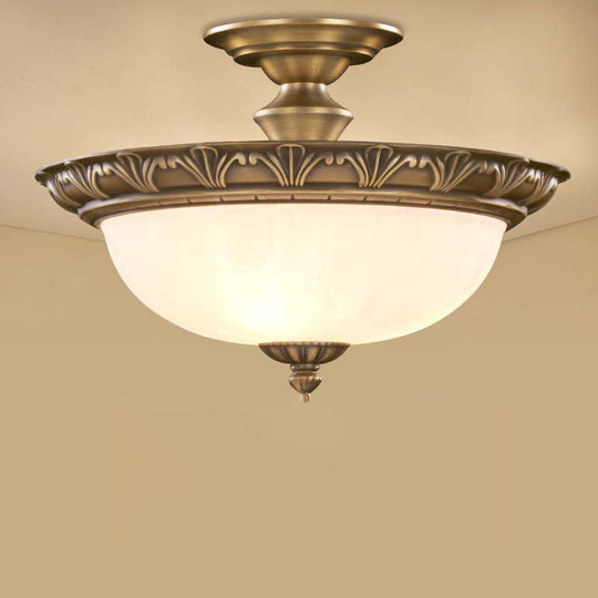 Traditional Bronze Bowl - Shaped Ceiling Lamp With Opal Glass - Elegant Semi - Mount Lighting For