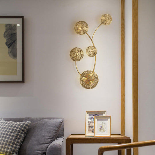 Lotus Leaf Etched Brass Wall Sconce - Metal Art Deco Stairs Lamp