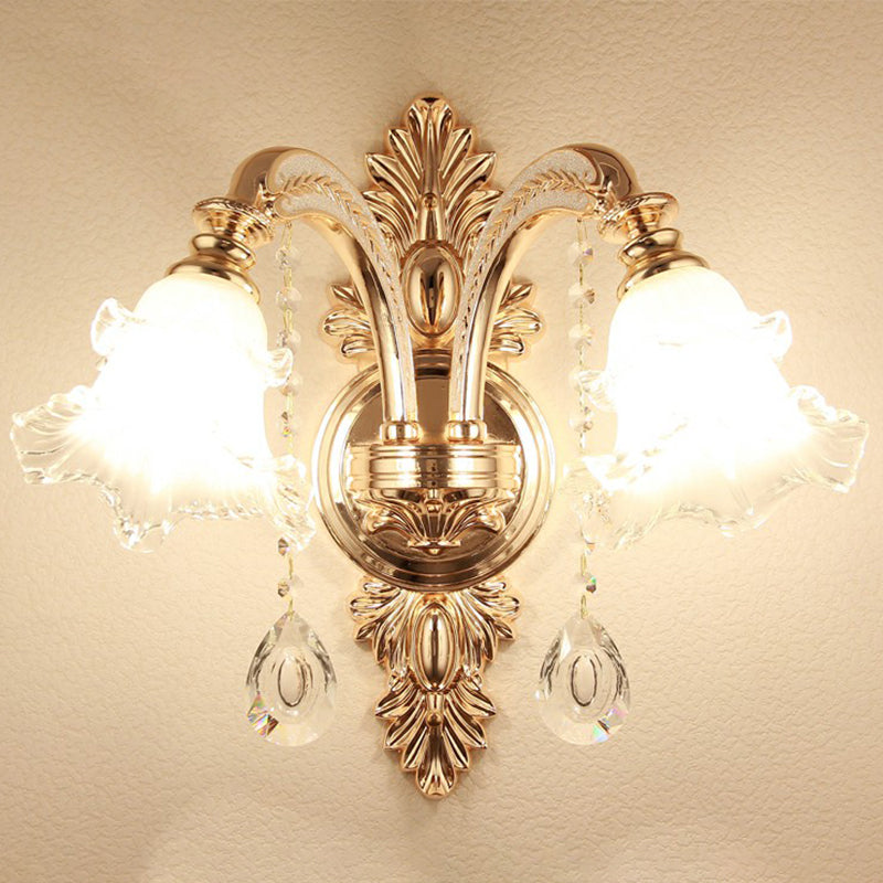 Vintage Silver Wall Sconce With Frosted Glass Blossom Shade And Crystal Deco 2 / Down