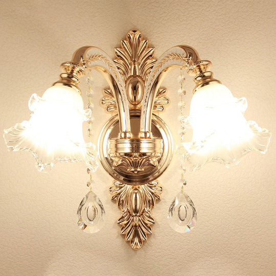 Vintage Silver Wall Sconce With Frosted Glass Blossom Shade And Crystal Deco 2 / Down