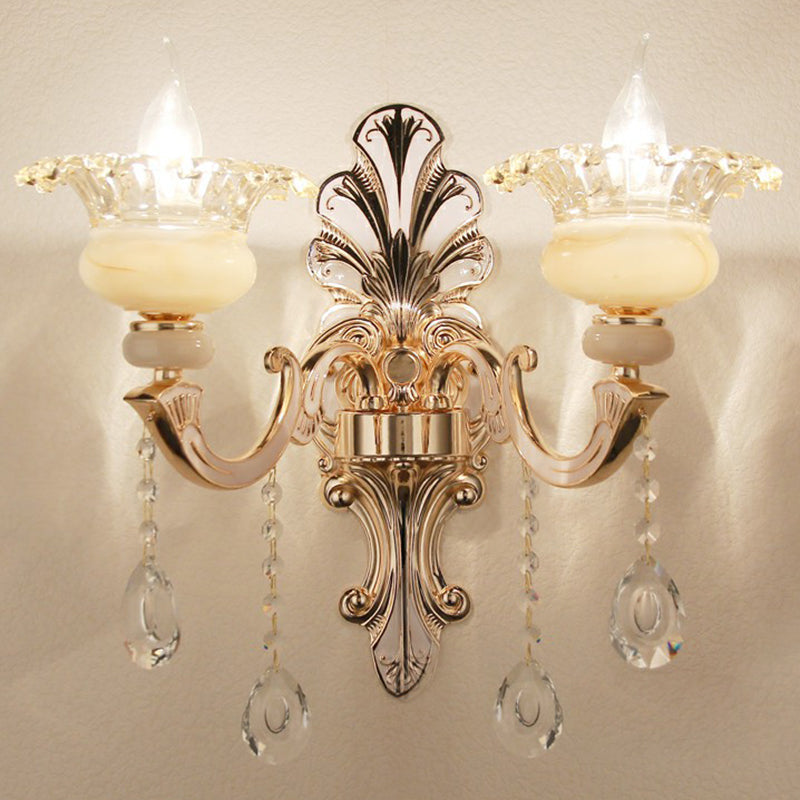 Vintage Silver Wall Sconce With Frosted Glass Blossom Shade And Crystal Deco 2 / Shadeless