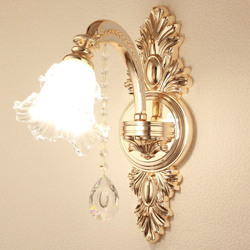 Vintage Silver Wall Sconce With Frosted Glass Blossom Shade And Crystal Deco 1 / Down