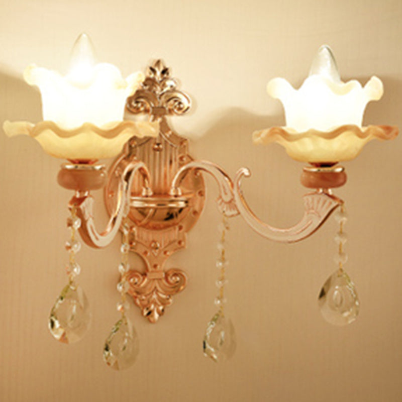 Gold Floral Glass Wall Mount Lamp - Traditional 2-Light Fixture For Corridor Lighting White / With