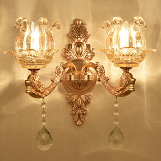 Gold Floral Glass Wall Mount Lamp - Traditional 2-Light Fixture For Corridor Lighting Clear / Flower