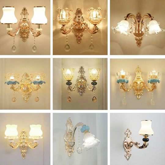 Gold Floral Glass Wall Mount Lamp - Traditional 2-Light Fixture For Corridor Lighting