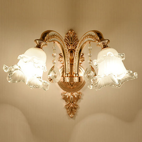 Gold Floral Glass Wall Mount Lamp - Traditional 2-Light Fixture For Corridor Lighting White / Down