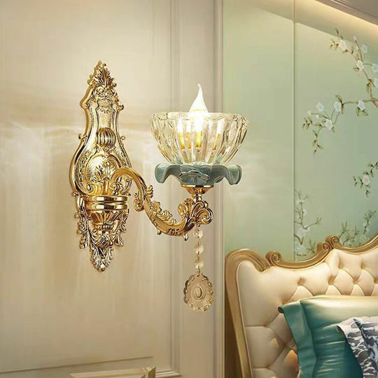 Gold Floral Glass Wall Mount Lamp - Traditional 2-Light Fixture For Corridor Lighting