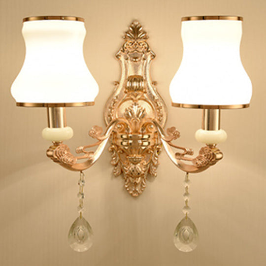 Gold Floral Glass Wall Mount Lamp - Traditional 2-Light Fixture For Corridor Lighting White / Arc