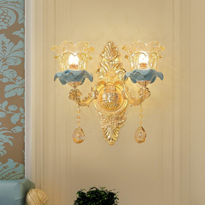 Gold Floral Glass Wall Mount Lamp - Traditional 2-Light Fixture For Corridor Lighting