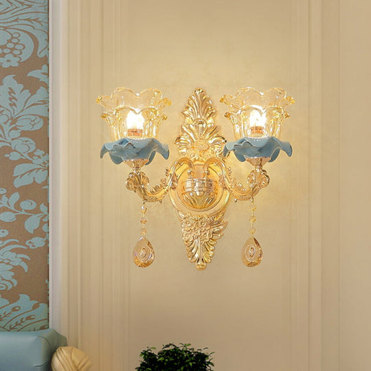 Gold Floral Glass Wall Mount Lamp - Traditional 2-Light Fixture For Corridor Lighting Clear / With