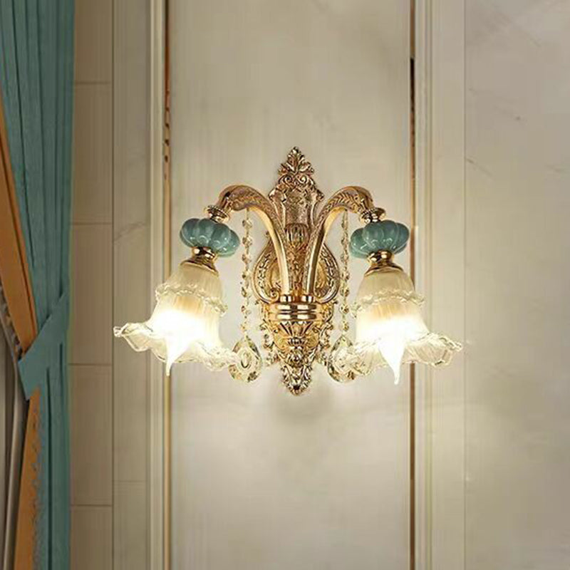 Gold Floral Glass Wall Mount Lamp - Traditional 2-Light Fixture For Corridor Lighting