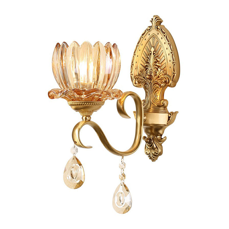Retro Clear Prismatic Glass Brass Wall Sconce With Decorative Crystal Flower Living Room Light