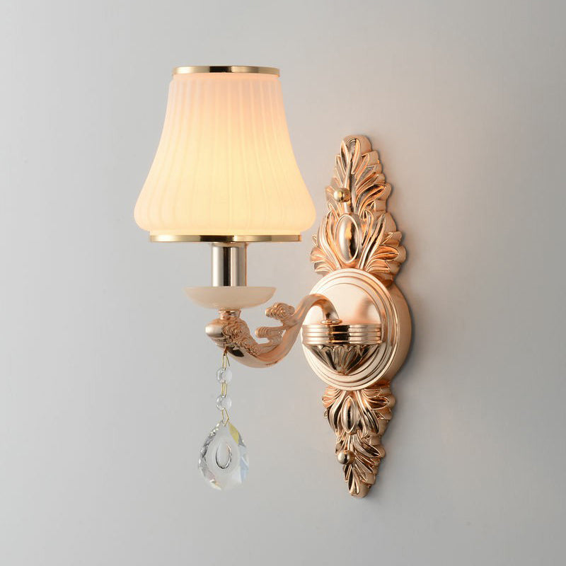 Minimalist Flared White Glass Wall Light With Teardrop Crystal - Perfect For Living Room Sconce 1 /