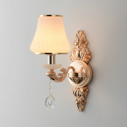 Minimalist Flared White Glass Wall Light With Teardrop Crystal - Perfect For Living Room Sconce 1 /