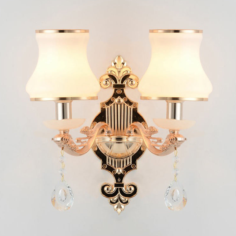 Minimalist Flared White Glass Wall Light With Teardrop Crystal - Perfect For Living Room Sconce 2 /