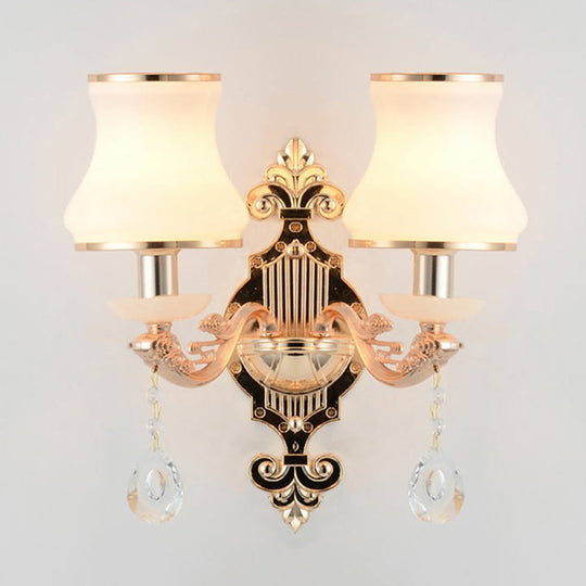 Minimalist Flared White Glass Wall Light With Teardrop Crystal - Perfect For Living Room Sconce 2 /