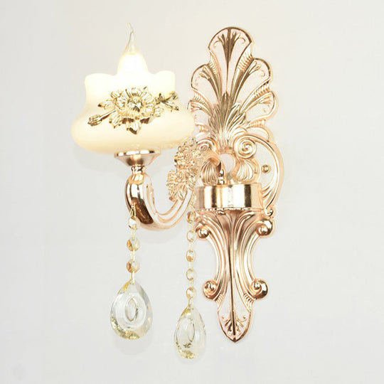 Flower Wall Sconce With Faux Jade Glass And Crystal Drops In Silver