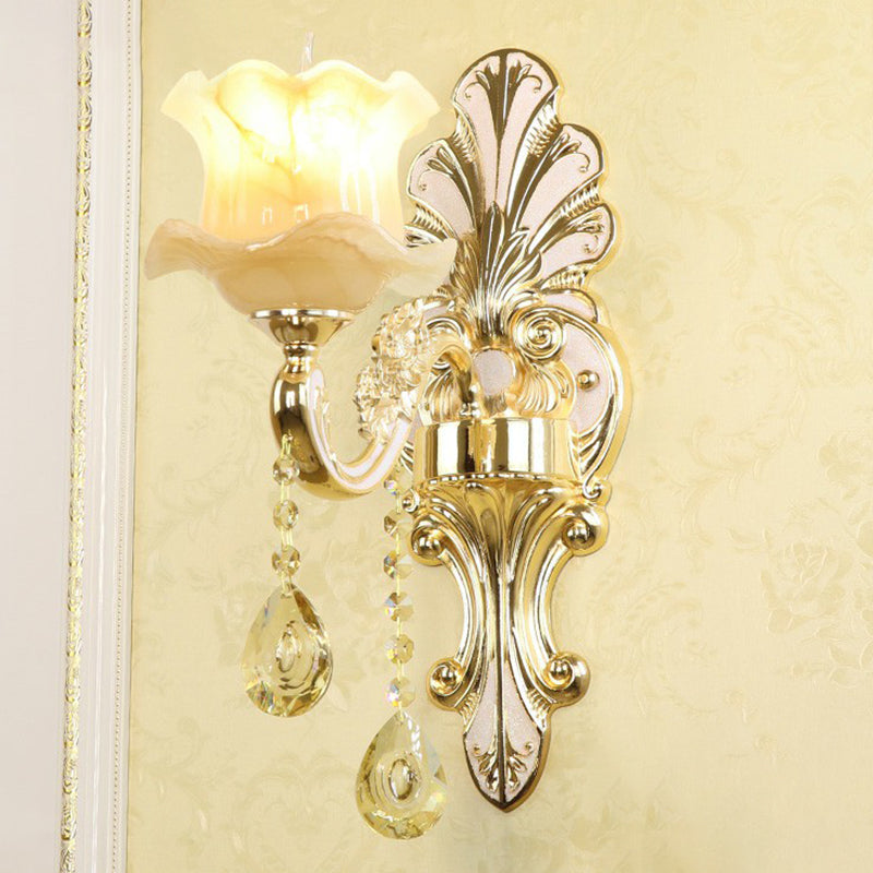 Flower Wall Sconce With Faux Jade Glass And Crystal Drops In Silver 1 / Shape