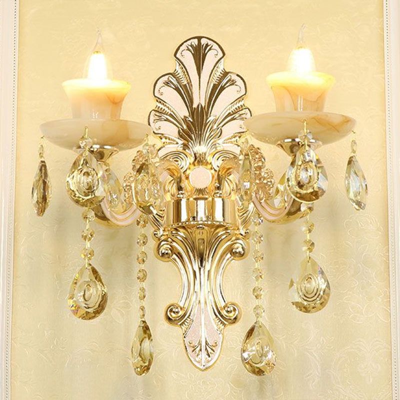 Flower Wall Sconce With Faux Jade Glass And Crystal Drops In Silver 2 / Shadeless