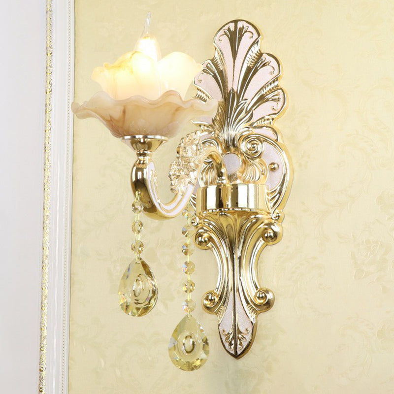 Flower Wall Sconce With Faux Jade Glass And Crystal Drops In Silver 1 /