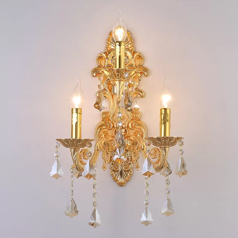 Antique Style 3-Light Candle Wall Sconce With Crystal Droplet - Metallic Mount Light