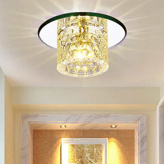 Crystal Clear Led Flush Ceiling Light For Corridor - Sleek Cylindrical Design With Dimpled