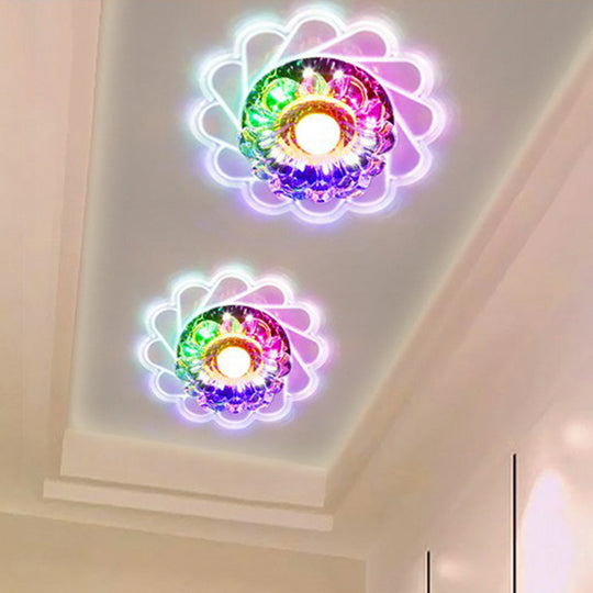 Contemporary Crystal Led Flush Mount Ceiling Light - Clear Flower Design For Hallway