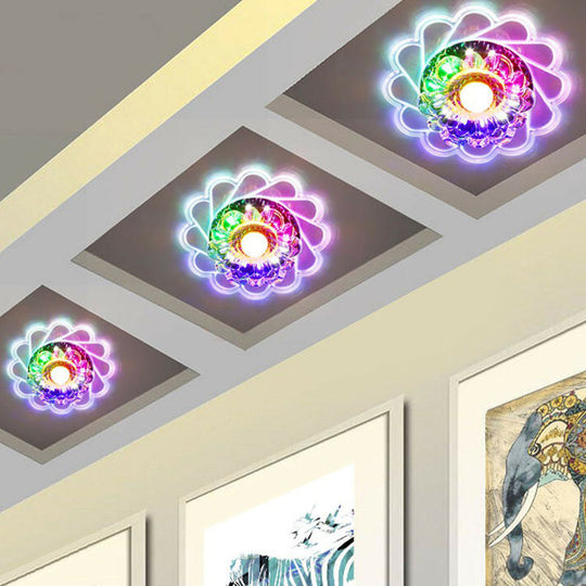 Contemporary Crystal Led Flush Mount Ceiling Light - Clear Flower Design For Hallway