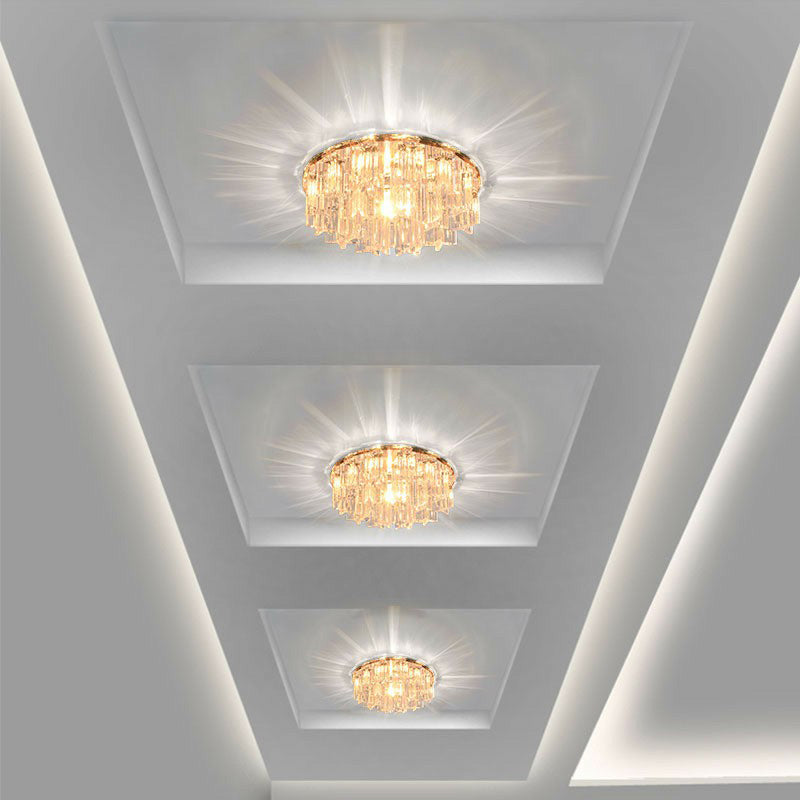 Simplicity Clear Led Ceiling Flush Light With Round Crystal Prism For Corridor