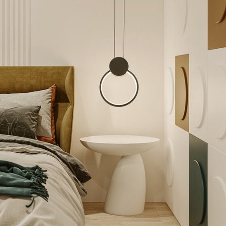 Nordic Led Suspension Light Fixture For Bedroom - Black Circular Hanging Lamp With Metallic Touch