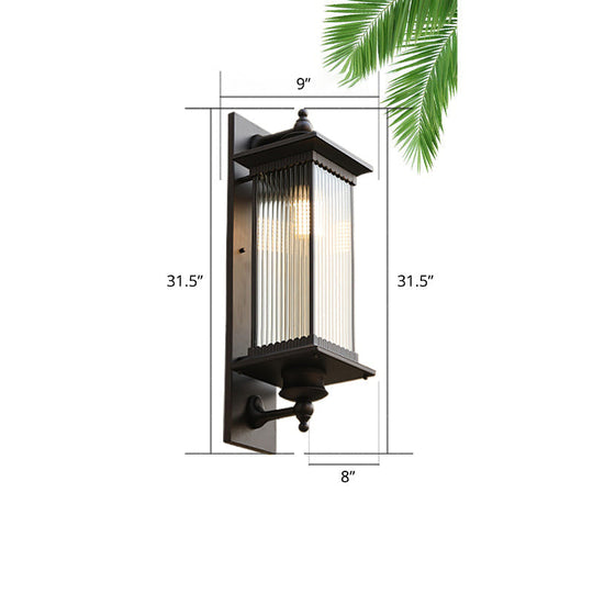 Traditional 1-Head Glass Shaded Lantern Wall Sconce - Black Patio Mount Light Fixture / Medium