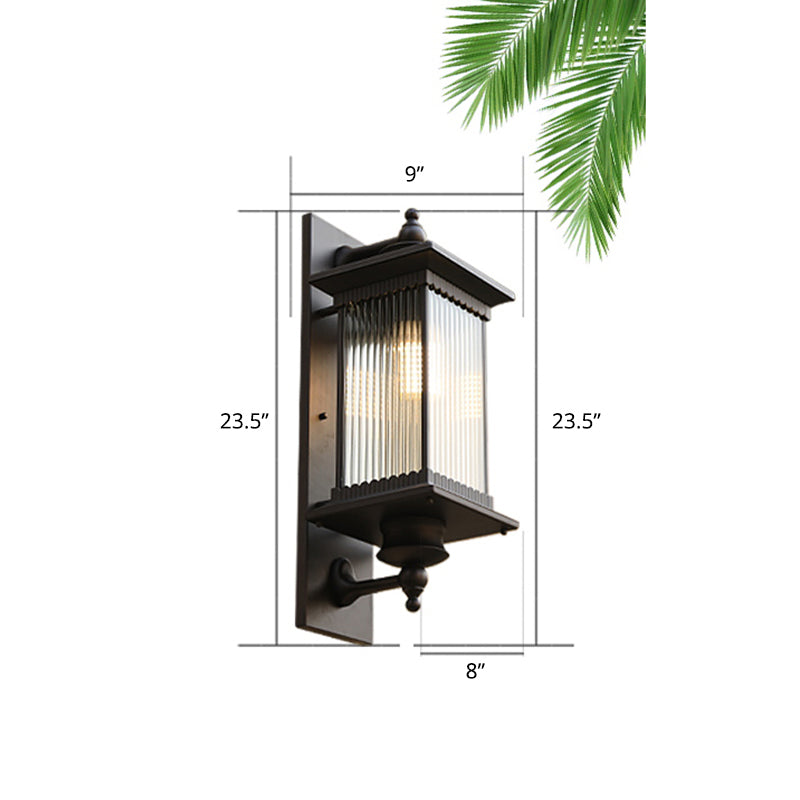 Traditional 1-Head Glass Shaded Lantern Wall Sconce - Black Patio Mount Light Fixture / Small Stripe