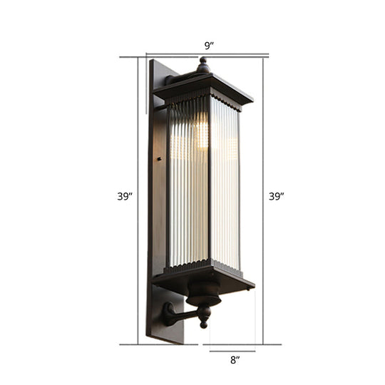 Traditional 1-Head Glass Shaded Lantern Wall Sconce - Black Patio Mount Light Fixture / Large Stripe