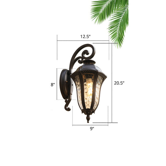 Traditional 1-Head Glass Shaded Lantern Wall Sconce - Black Patio Mount Light Fixture / Medium Wavy