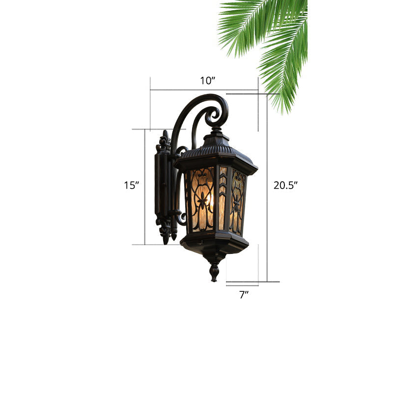 Traditional 1-Head Glass Shaded Lantern Wall Sconce - Black Patio Mount Light Fixture / Small Flower