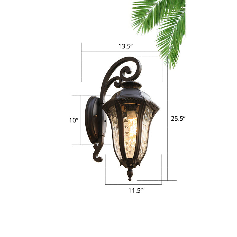 Traditional 1-Head Glass Shaded Lantern Wall Sconce - Black Patio Mount Light Fixture / Large Wavy