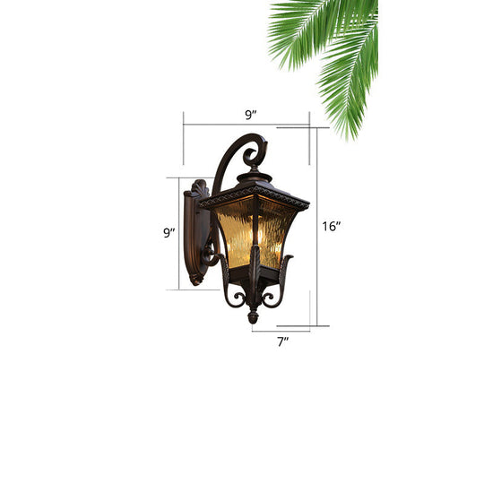 Traditional 1-Head Glass Shaded Lantern Wall Sconce - Black Patio Mount Light Fixture / Small Ribbed
