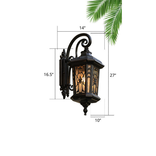 Traditional 1-Head Glass Shaded Lantern Wall Sconce - Black Patio Mount Light Fixture / Medium