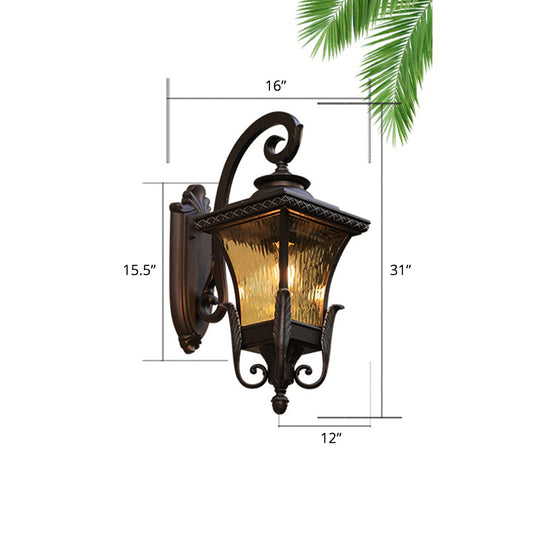 Traditional 1-Head Glass Shaded Lantern Wall Sconce - Black Patio Mount Light Fixture / Large Ribbed