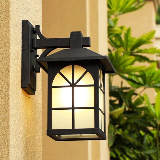 Traditional Black House Shaped Outdoor Wall Light With Opaque Glass Sconce - 1-Light Fixture
