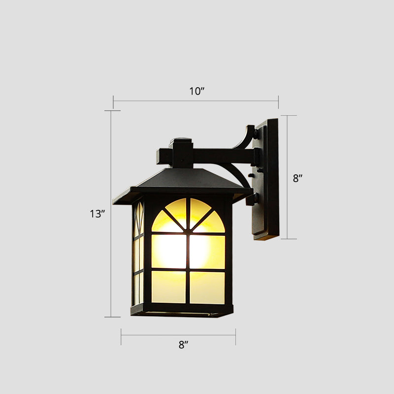 Traditional Black House Shaped Outdoor Wall Light With Opaque Glass Sconce - 1-Light Fixture