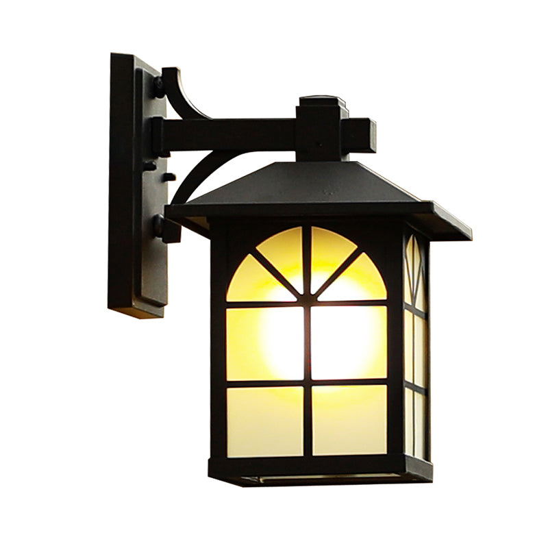 Traditional Black House Shaped Outdoor Wall Light With Opaque Glass Sconce - 1-Light Fixture