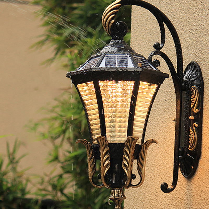 Vintage Black Led Outdoor Wall Sconce With Flared Shape And Ribbed Glass - Solar Powered /